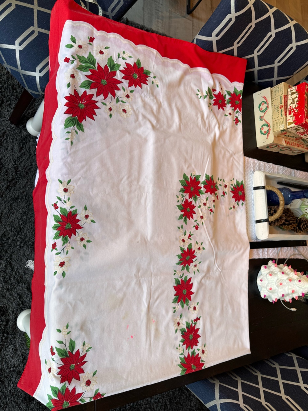 Vintage MCM Christmas Poinsettia Tablecloth – Beautiful Floral Cutwork